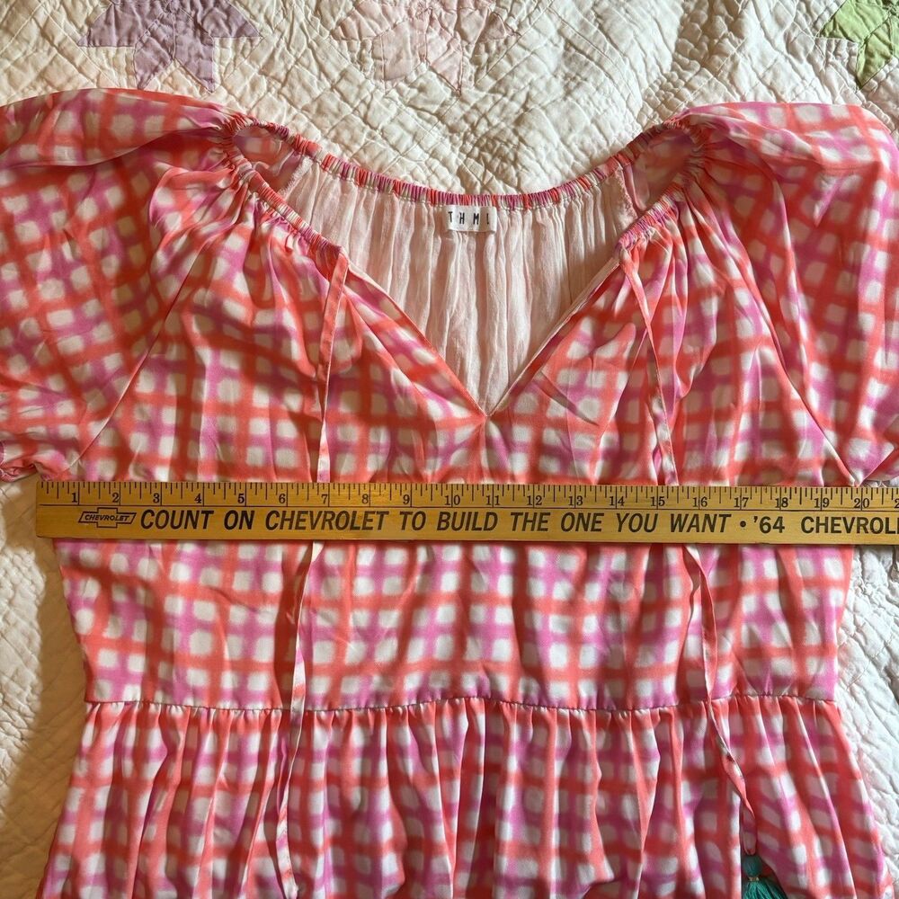 Thml Women’s Pink Gigi Mini Dress Tiered With Tassels Gingham Size Medium - Picture 3 of 6